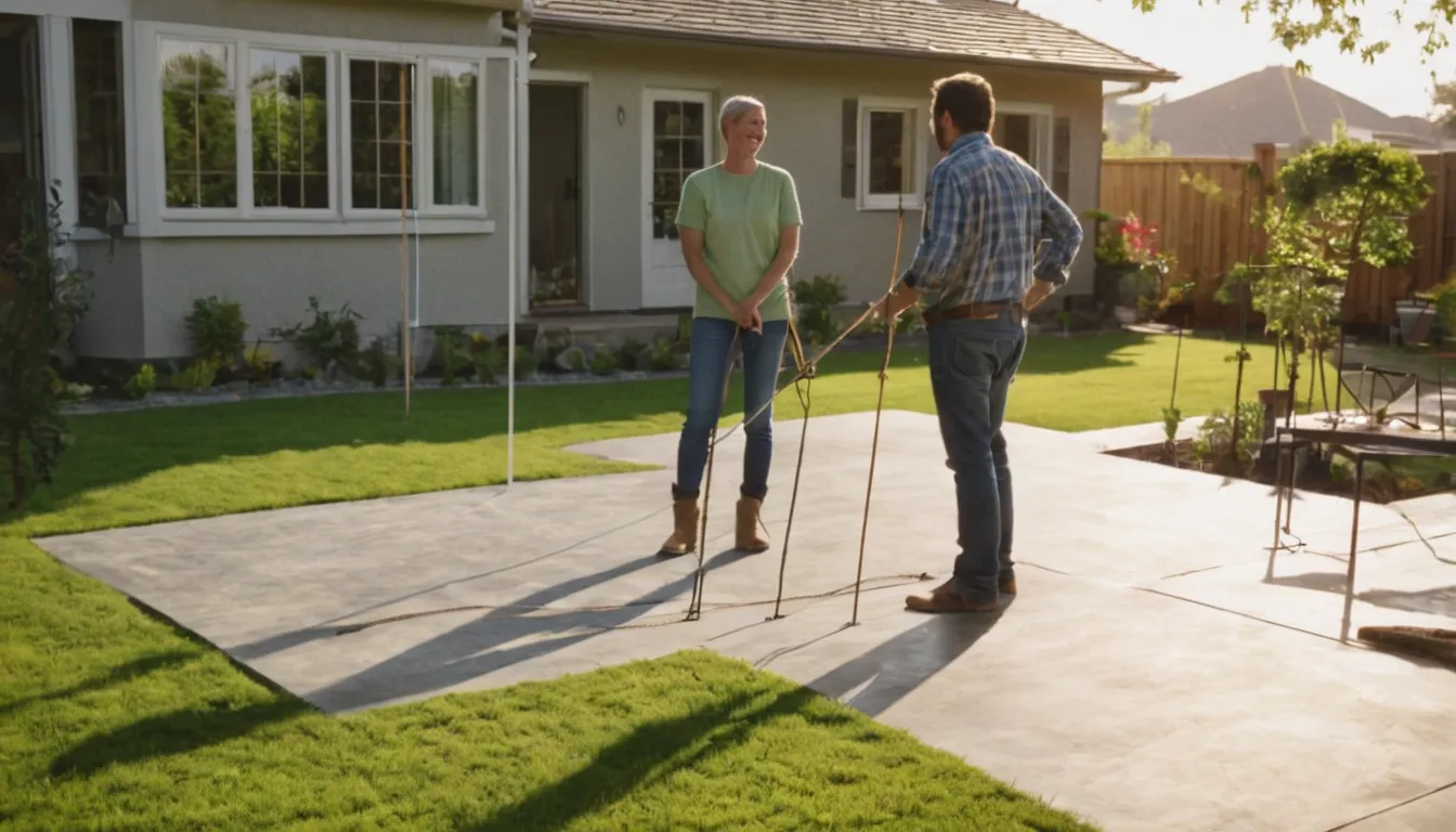 A homeowner reviewing a concrete patio plan with a local provider in the Wixom area